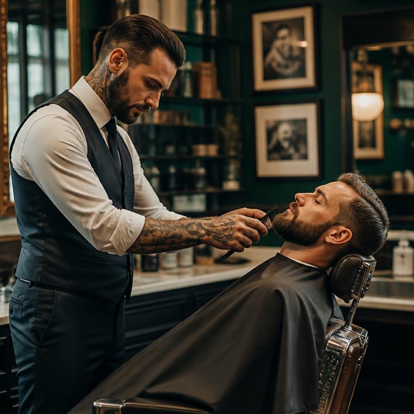 Barbeiro aparando a barba de um cliente